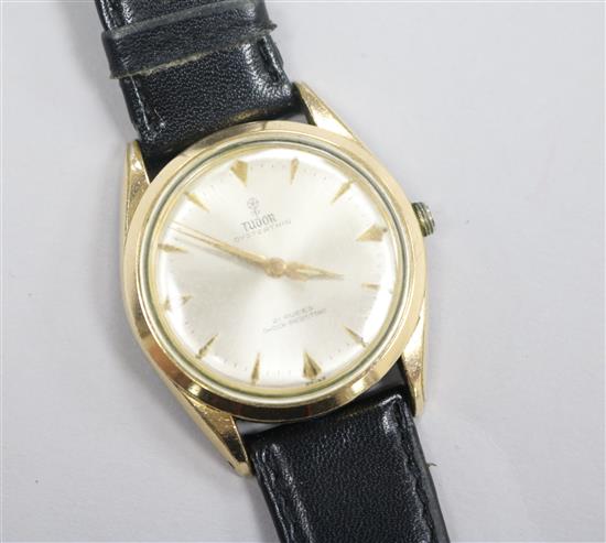 A gentlemans gold plated and steel Tudor Oysterthin manual wind wrist watch, (loose winding crown).